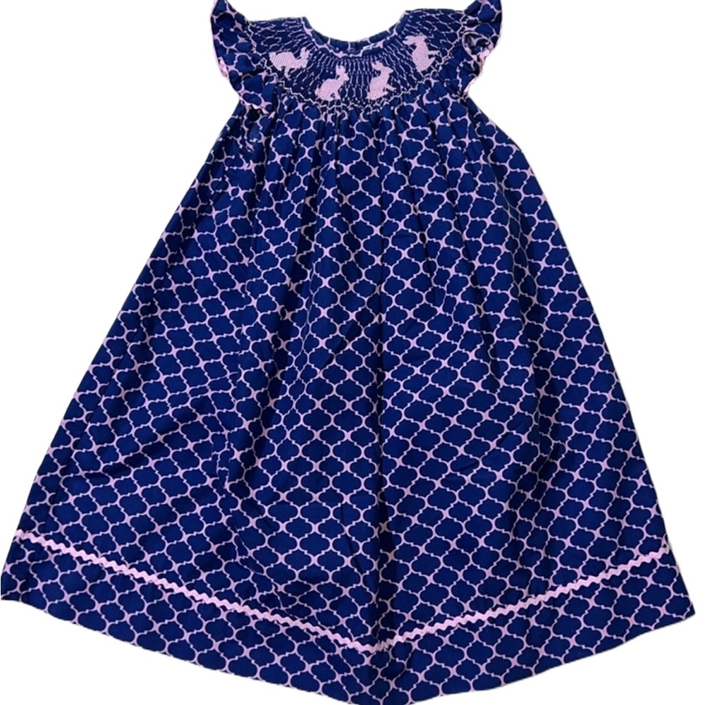 Lolly Wolly Doodle Navy and Pink Smocked Bunnies dress SZ 4